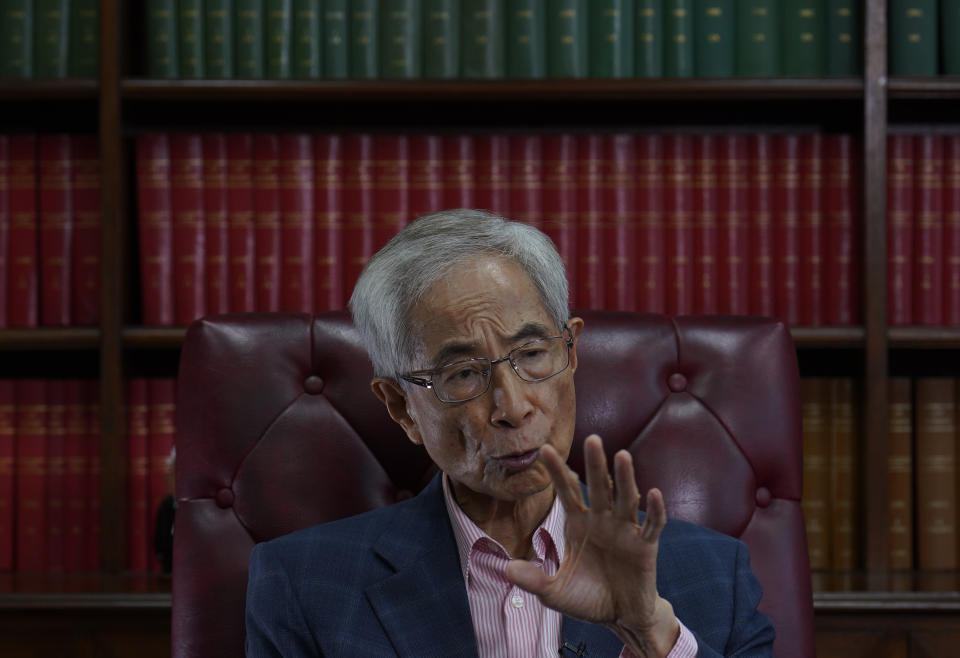 Pro-democracy lawyer Martin Lee speaks during an interview in Hong Kong, Friday, June 19, 2020. Lee said Friday that Beijing was trying to wrest control of Hong Kong with the impending national security law, and urged people to protest peacefully without violence. (AP Photo/Vincent Yu)