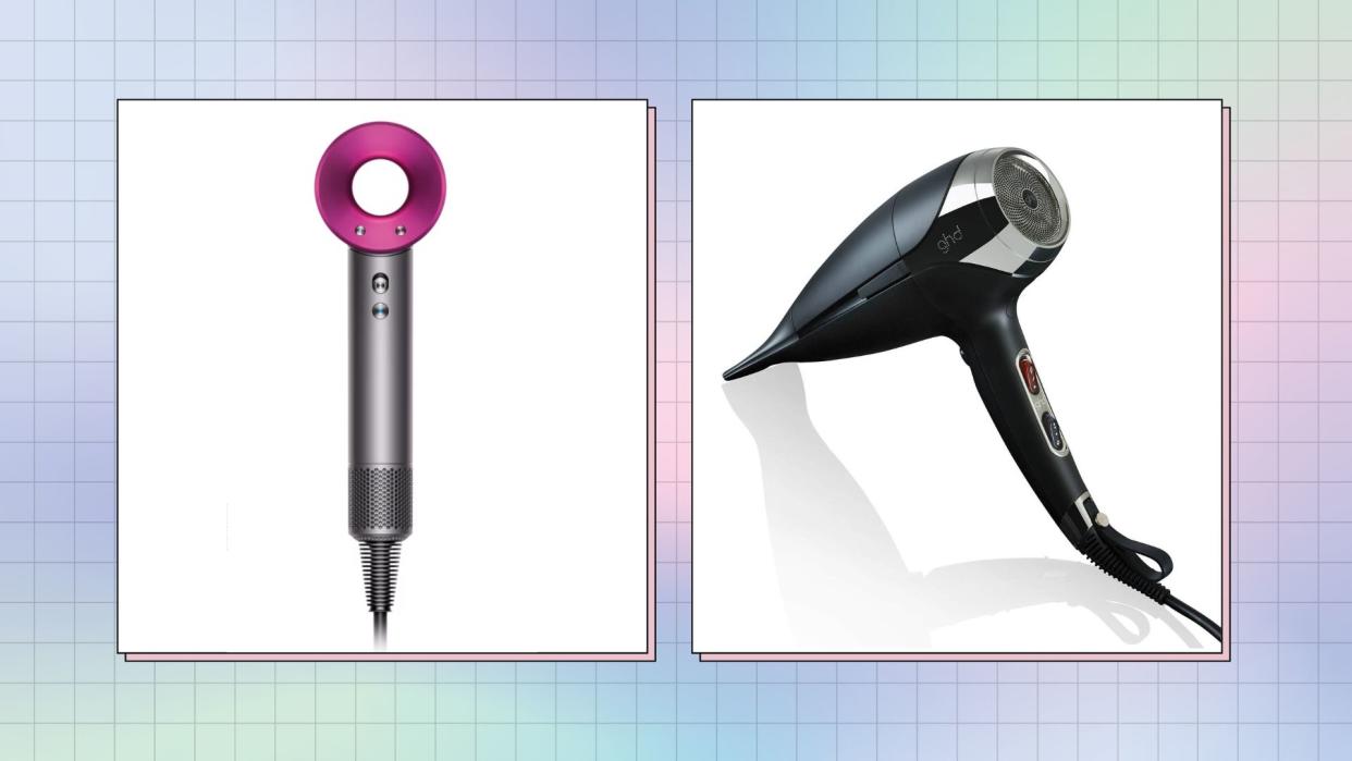  collage of some of the best hair dryers for curly hair by Dyson and ghd 