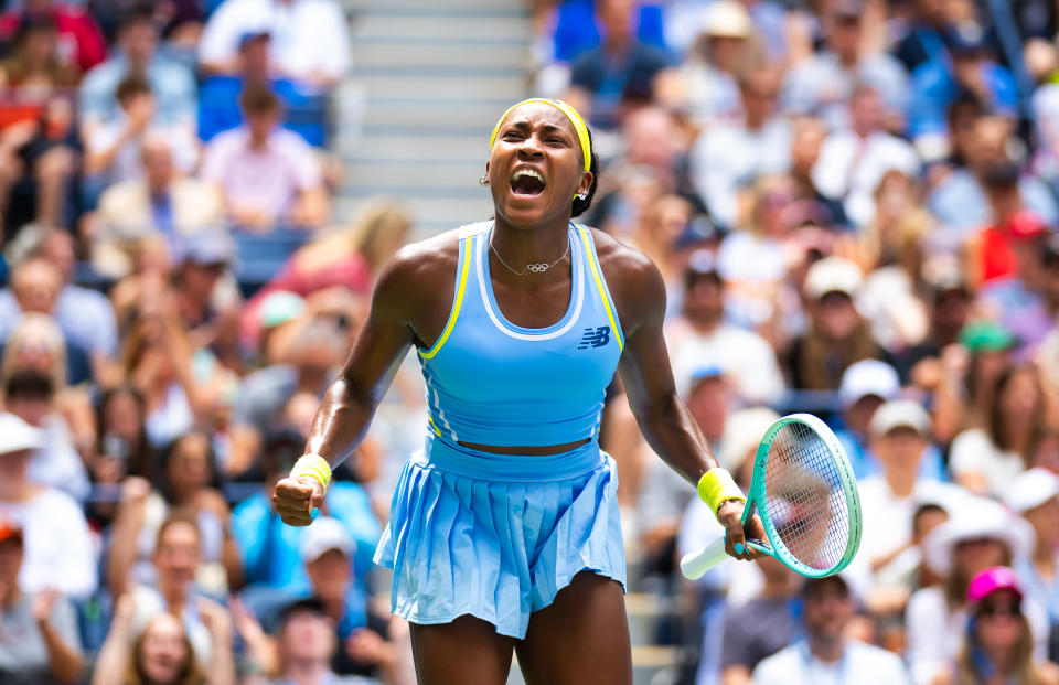 NEW YORK, NEW YORK - AUGUST 30: Coco Gauff of the United States reacts to defeating Elina Svitolina of Ukraine in the third round on Day 5 of the US Open at USTA Billie Jean King National Tennis Center on August 30, 2024 in New York City (Photo by Robert Prange/Getty Images)