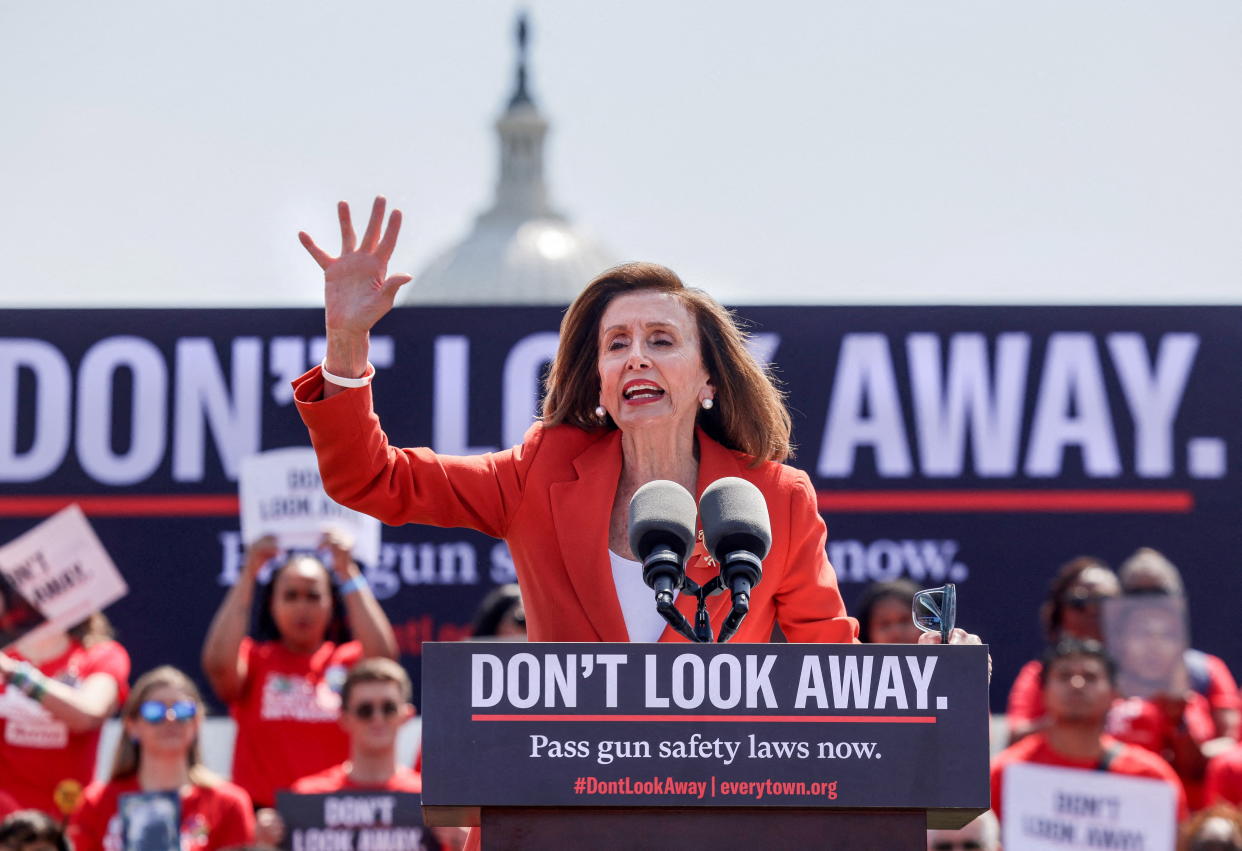 Speaker of the House Nancy Pelosi speaks at a rally demanding gun control legislation, June 8, 2022. REUTERS/Evelyn Hockstein