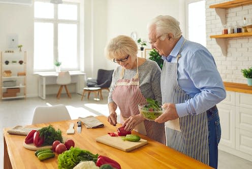 <span class="caption">Many blue zone diets are rich in plant foods.</span> <span class="attribution"><a class="link " href="https://www.shutterstock.com/image-photo/happy-senior-couple-aprons-cutting-fresh-1857483013" rel="nofollow noopener" target="_blank" data-ylk="slk:Studio Romantic/ Shutterstock;elm:context_link;itc:0;sec:content-canvas">Studio Romantic/ Shutterstock</a></span>