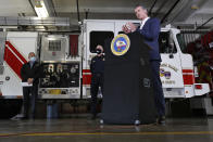 FILE - In this Wednesday, May 13, 2020 file photo, Gov. Gavin Newsom discusses his revised state budget proposal during a news conference at the CalFire/Cameron Park Fire Station in Cameron Park, Calif. On Friday, May 22, 2020, The Associated Press reported on stories circulating online incorrectly asserting Newsom has been defying his own stay-at-home order and fleeing to Montana. It’s not the first time misinformation has swirled around a Democratic governor’s whereabouts during the pandemic. False posts also surfaced around Gov. Ralph Northam escaping to North Carolina in April. (AP Photo/Rich Pedroncelli, Pool)