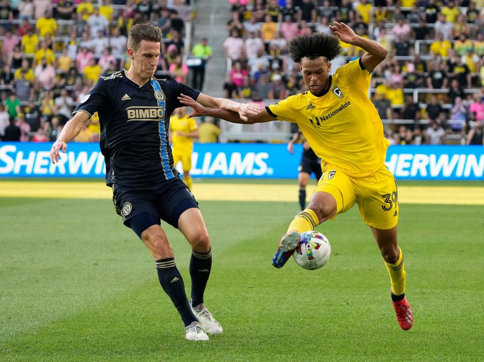 Jul 3, 2022; Columbus, Ohio, USA; Columbus Crew forward Jacen Russell-Rowe (39) controls the ball against Philadelphia Union defender Jack Elliott (3) in the 1st half during their MLS game between the Columbus Crew and the Philadelphia Union at Lower.com Field in Columbus, Ohio on July 3, 2022. 