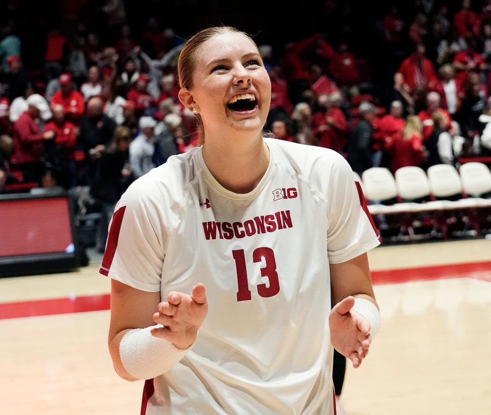 Wisconsin outside hitter Sarah Franklin (13) smiles as her name is chanted at the end of the game against Nebraska on Friday November 24, 2023 at the UW Field House in Madison, Wis.