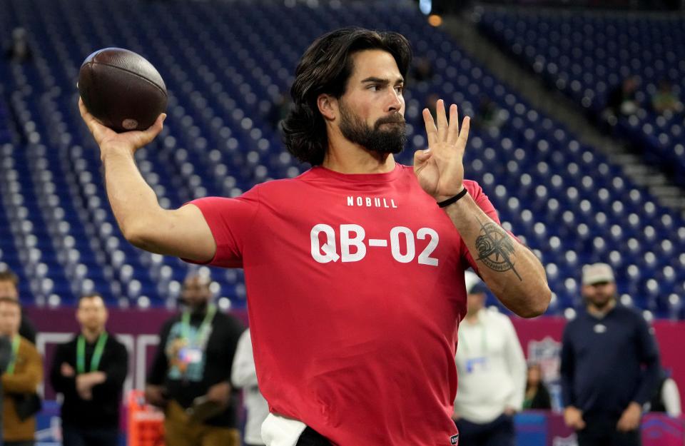 Mar 2, 2024; Indianapolis, IN, USA; Notre Dame quarterback Sam Hartman (QB02) during the 2024 NFL Combine at Lucas Oil Stadium. Mandatory Credit: Kirby Lee-USA TODAY Sports