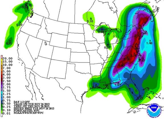 From Tuesday, Nov. 26, 2013, to Thanksgiving Day, a storm system is expected to dump up to four inches (10 cm) of rain in some parts of the eastern United States.