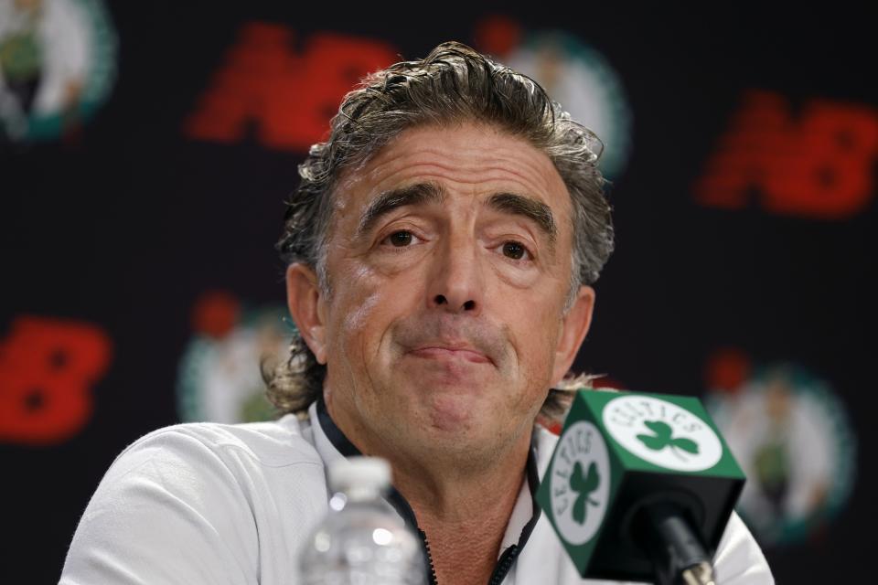 Boston Celtics basketball owner Wyc Grousbeck speaks during a news conference, Friday, Sept. 23, 2022, in Boston. The Boston Celtics suspended coach Ime Udoka for the upcoming season after a months-long investigation by an external law firm that found multiple violations of team policies, team owner Wyc Grousbeck said Friday. (AP Photo/Michael Dwyer)