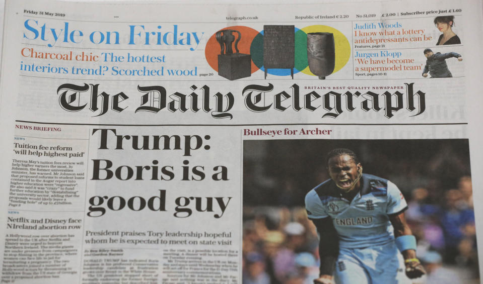 The Daily Telegraph Masthead. (Photo by Jonathan Brady/PA Images via Getty Images)