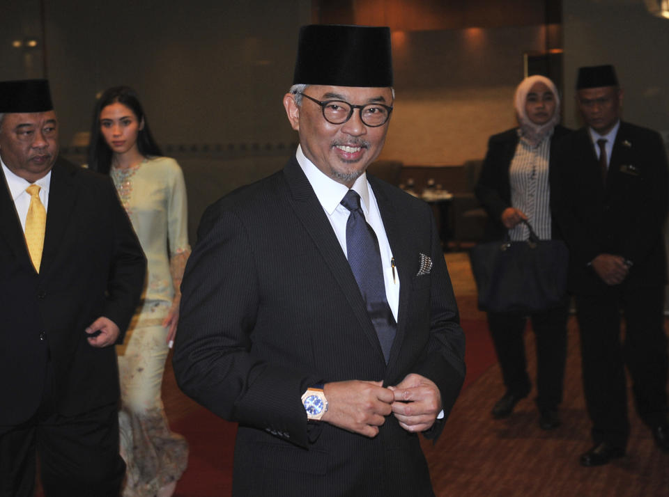 In this Jan. 11, 2019, photo, Pahang state Crown Prince Tengku Abdullah arrives for a private event at a hotel in Kuala Lumpur. The central Malaysian state of Pahang is getting a new sultan who is tipped to become the country's next king under a unique rotating monarchy system. The national Bernama news agency reported that the Pahang palace announced Saturday, Jan. 12, that Tengku Abdullah, currently the regent of Pahang, will succeed Sultan Ahmad Shah on Tuesday, Jan. 15.(AP Photo)