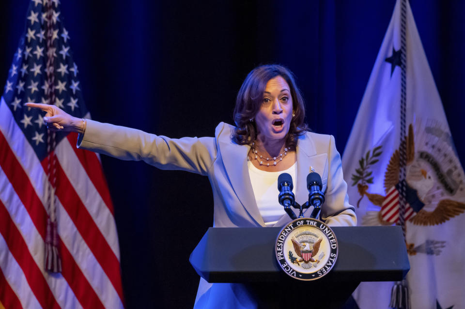 FILE - Vice President Kamala Harris speaks at the historic Ritz Theatre in downtown Jacksonville, Fla., July 21, 2023. Harris spoke out against the new standards adopted by the Florida State Board of Education in the teaching of Black history. Civil rights activists cheered when Ron DeSantis pardoned four Black men wrongfully convicted of rape as one of his first actions as Florida's governor. But four years later, as DeSantis eyes the presidency, their hope that the Republican would be an ally on racial justice has long faded. (Fran Ruchalski/The Florida Times-Union via AP, File)