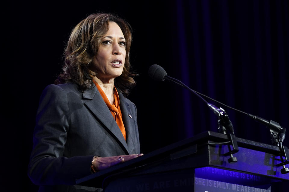 Vice President Kamala Harris speaks at the Emily's List National Conference and Gala on May 3 in Washington.