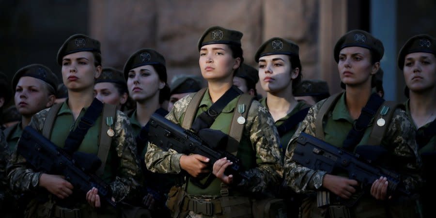 Ukrainian servicewomen pictured during a military parade