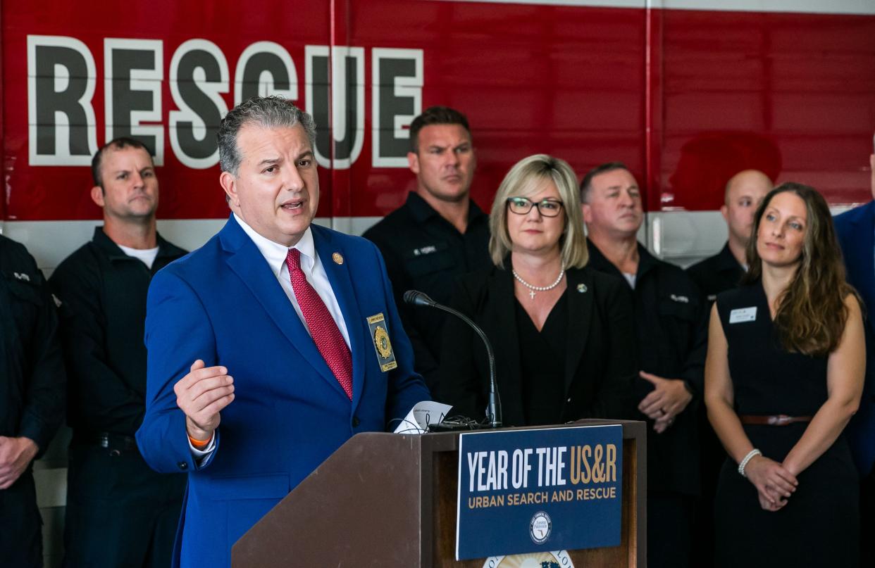 Jimmy Patronis, Florida's chief financial officer and fire marshal, speaks to Marion County firefighters in Silver Spring Shores in February 2022.