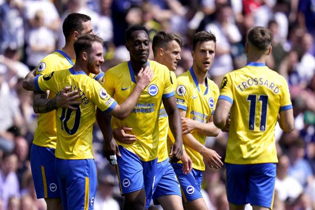 Brighton celebrate Danny Welbeck's goal at Leeds