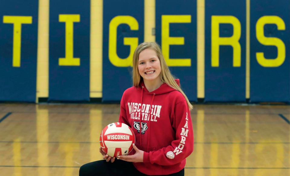 Howards Grove eighth grader Saige Damrow has verbally committed to UW-Madison in recent days as a volleyball player, seen here in a portrait at her middle school April 12, 2019, in Howards Grove.