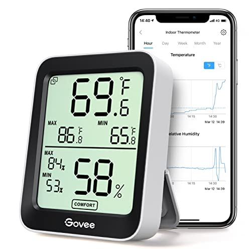 Govee Hygrometer Thermometer H5075, Bluetooth Indoor Room Temperature Monitor Greenhouse Thermometer with Remote App Control, Notification Alerts, 2 Years Data Storage Export,LCD (AMAZON)