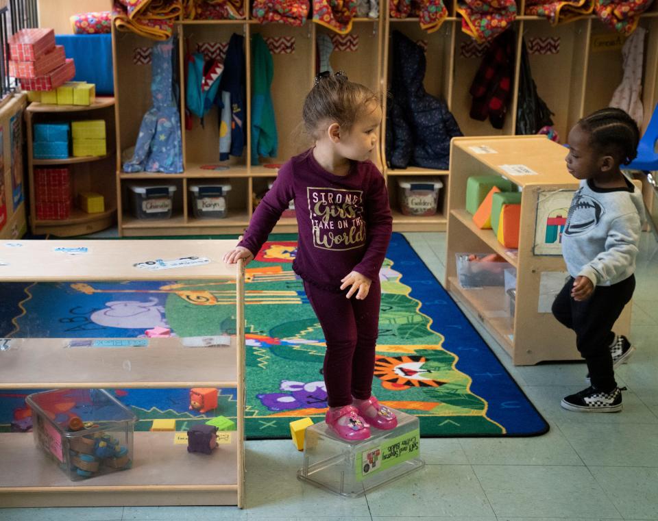 Lucille Venson and Chance Dumas enjoy playtime in the 1-2 year old room at Eighteenth Avenue Family Enrichment Center Thursday, April 21, 2022, in Nashville, Tenn.