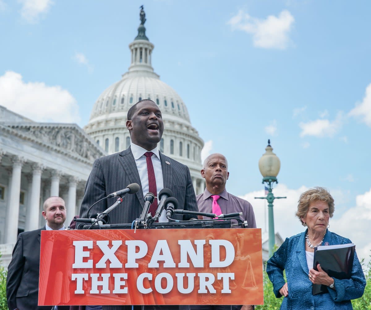 Rep. Mondaire Jones (D-NY) speaks at a press conference calling for the expansion of the Supreme Court on July 18, 2022 in Washington, DC (Getty Images for Take Back the C)