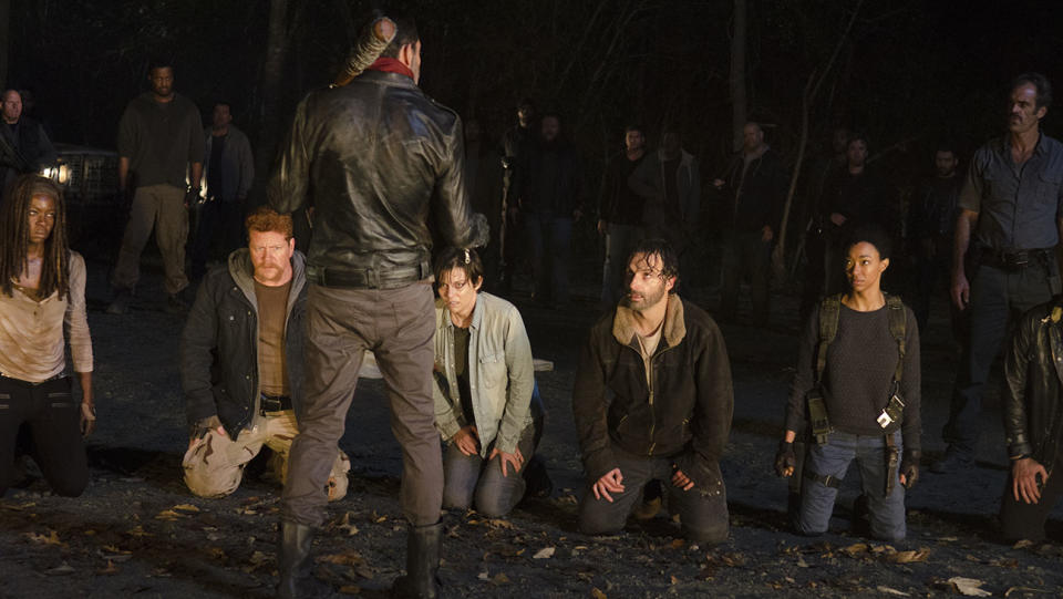 Danai Gurira as Michonne, Michael Cudlitz as Abraham, Jeffrey Dean Morgan as Negan, Lauren Cohan as Maggie, Andrew Lincoln as Rick, Sonequa Martin-Green as Sasha, and Steven Ogg as Simon in <em>The Walking Dead</em>. (Photo: AMC)