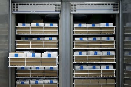 Medical supplies are seen inside fridges at the headquarters of the medical products supplier Paul Arnaoutis S.A company in Athens June 9, 2015. REUTERS/Alkis Konstantinidis