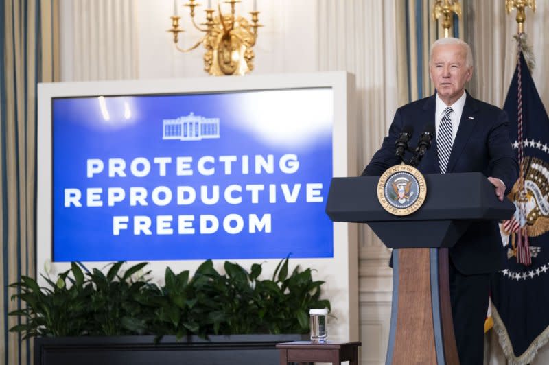 President Joe Biden speaks before a meeting with his Task Force on Reproductive Healthcare Access to mark the 51st anniversary of the Roe vs. Wade decision in the State Dining Room of the White House in Washington, D.C., on Monday. Photo by Bonnie Cash/UPI