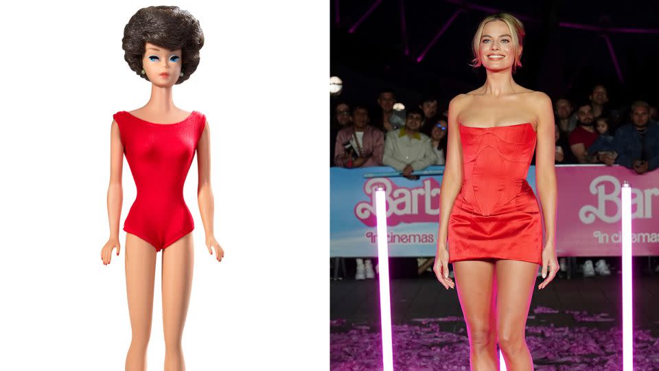 Robbie's second look for the London event was a nod to the scarlet swimsuit from the "Brunette Bubble Cut" Barbie released in 1962. - Mattel; Ian West/AP