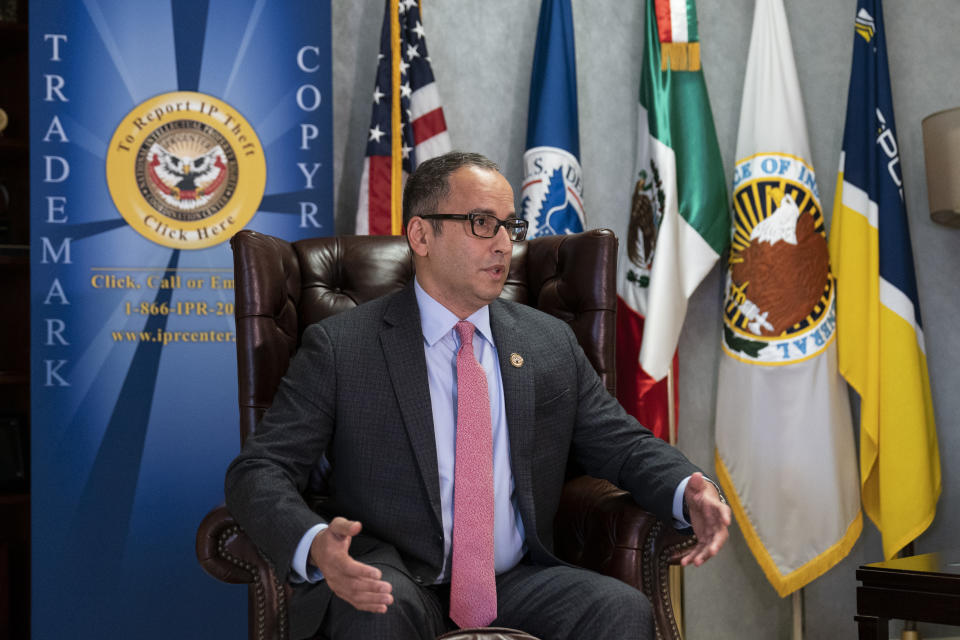 Director of the National Intellectual Property Rights Coordination Center Steve Francis, speaks during an interview with The Associated Press, Tuesday, Nov. 24, 2020, in Arlington, Va. (AP Photo/Alex Brandon)