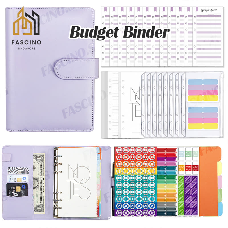 A6 Money Binder Organiser Budget Planner Notebook with PU Leather Cover Budget Sheets Label Sticker Zipper Bag. (Photo: Shopee SG)