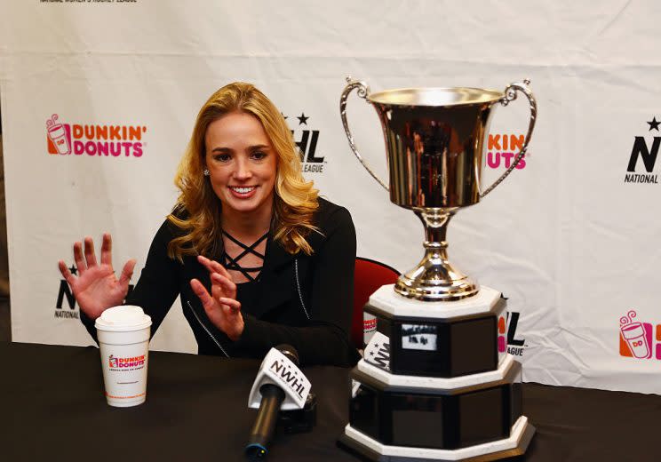 NEWARK, NJ - MARCH 12: NWHL commissioner Dani Rylan addresses the media prior to Game 2 of the league's inaugural championship series between the Boston Pride and the Bufalo Beauts at the New Jersey Devils hockey House on March 12, 2016 in Newark, New Jersey. (Photo by Andy Marlin/Getty Images for NWHL)