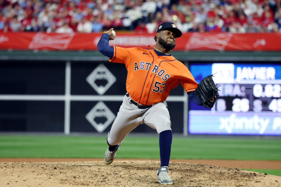 PHILADELPHIA, PA - NOVEMBER 02:  Cristian Javier #53 of the Houston Astros pitches during Game 4 of the 2022 World Series between the Houston Astros and the Philadelphia Phillies at Citizens Bank Park on Wednesday, November 2, 2022 in Philadelphia, Pennsylvania. (Photo by Mary DeCicco/MLB Photos via Getty Images)