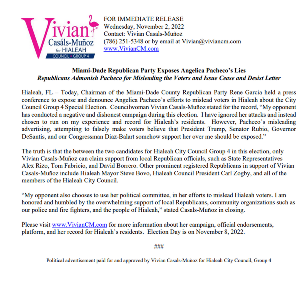 Comunicado de Vivian Casals-Muñoz, enviado por el Comité Ejecutivo del Partido Republicano Condado de Miami-Dade. La concejal interina está en contienda contra Angelica Pacheco por el asiento 4 que dejó vacante Oscar De La Rosa, el hijastro del alcalde Esteban Bovo Jr. El Partido republicano desmintió que estén apoyando a alguna de las candidatas a la elección local de Hialeah