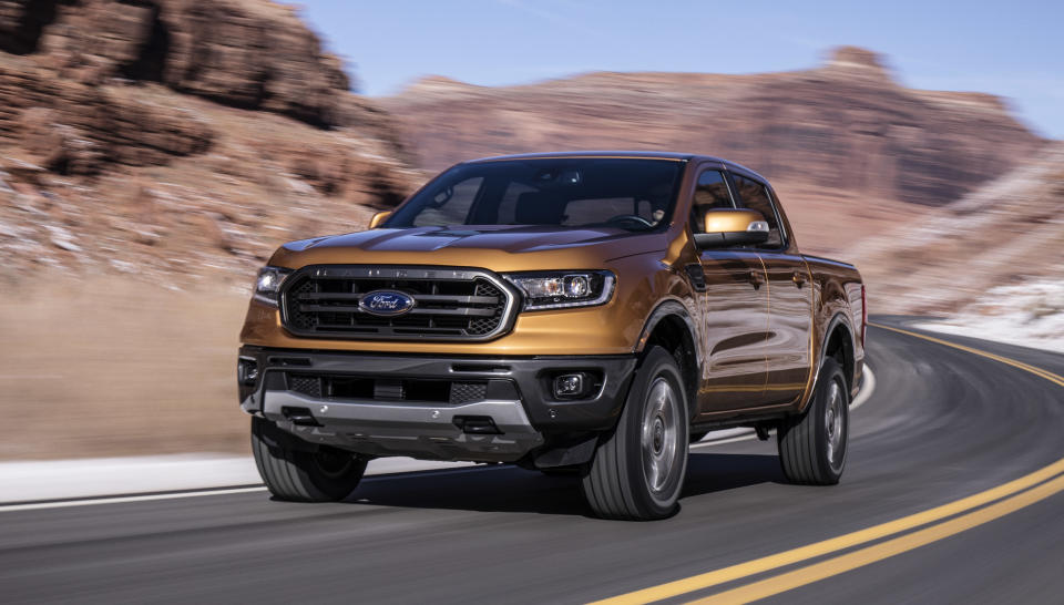 Ford's midsize pickup Ranger driving on a highway.