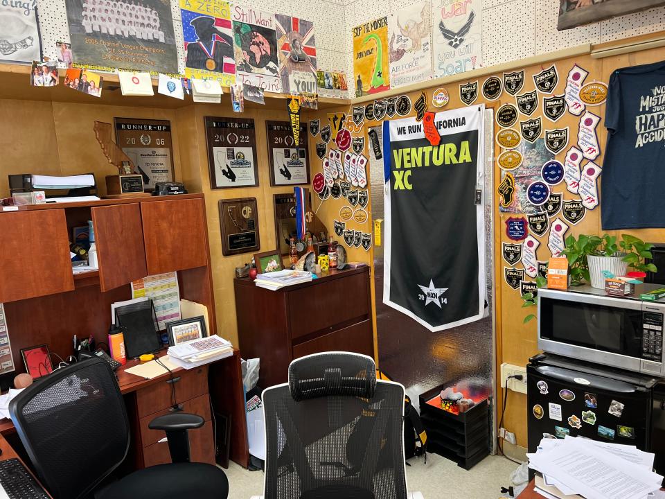 Tyree Cruz's office at Ventura High is adorned with the trophies, plaques, medals and patches of more than 20 years of cross country success.
