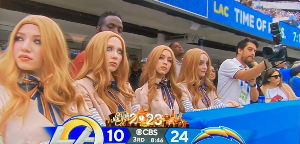 The ‘M3GAN’ dolls at last weekend’s Rams game, courtesy Universal