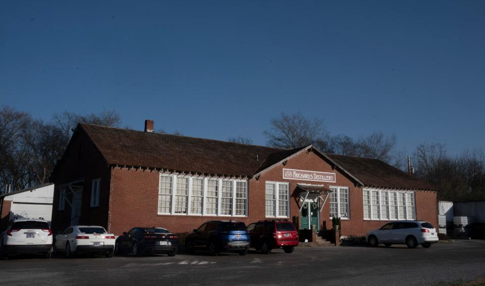 A view of the Prichard’s Distillery Monday, Feb. 27, 2023 in Kelso, Tenn. The operation is housed in a building that once served as a school in the Kelso community. 