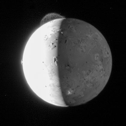 This still from five-frame photo sequence by NASA's New Horizons mission captures the giant plume from the Tvashtar volcano on Jupiter's moon Io. Only the upper part of the plume is visible from this vantage point. The plume's source is 130 km