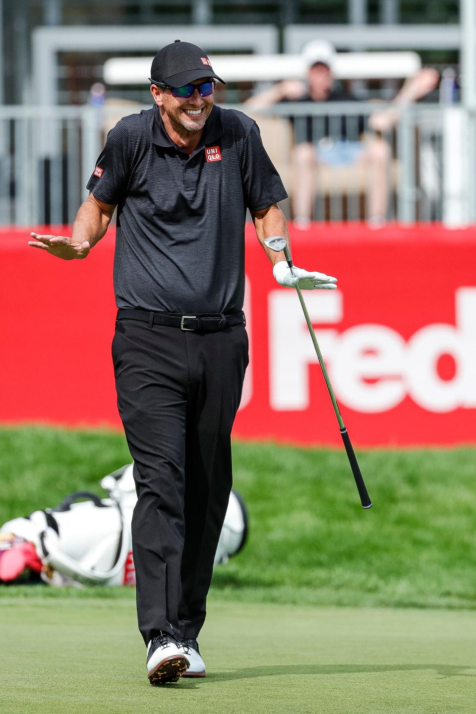 Adam Scott reacts after making birdie at the 14th hole during Round 1 of the Rocket Mortgage Classic at the Detroit Golf Club in Detroit on Thursday, July 28, 2022.