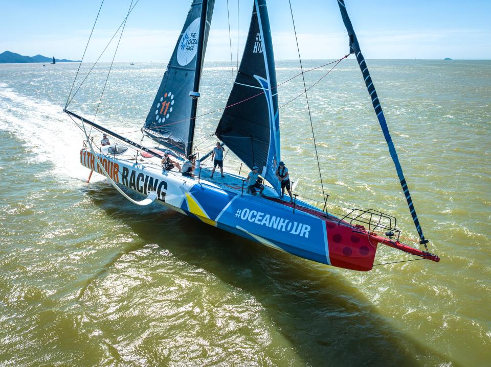 11th Hour Racing Team participates in speed trials with their IMOCA 60 Malāma in Itajai, Brazil on APril 19 2023.