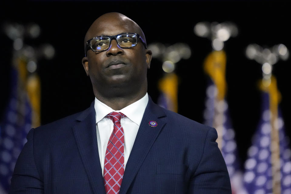 FILE - Rep. Jamaal Bowman, D-N.Y., listens to fellow speakers before President Joe Biden speaks on the debt limit during an event at SUNY Westchester Community College, May 10, 2023, in Valhalla, N.Y. (AP Photo/John Minchillo, File)