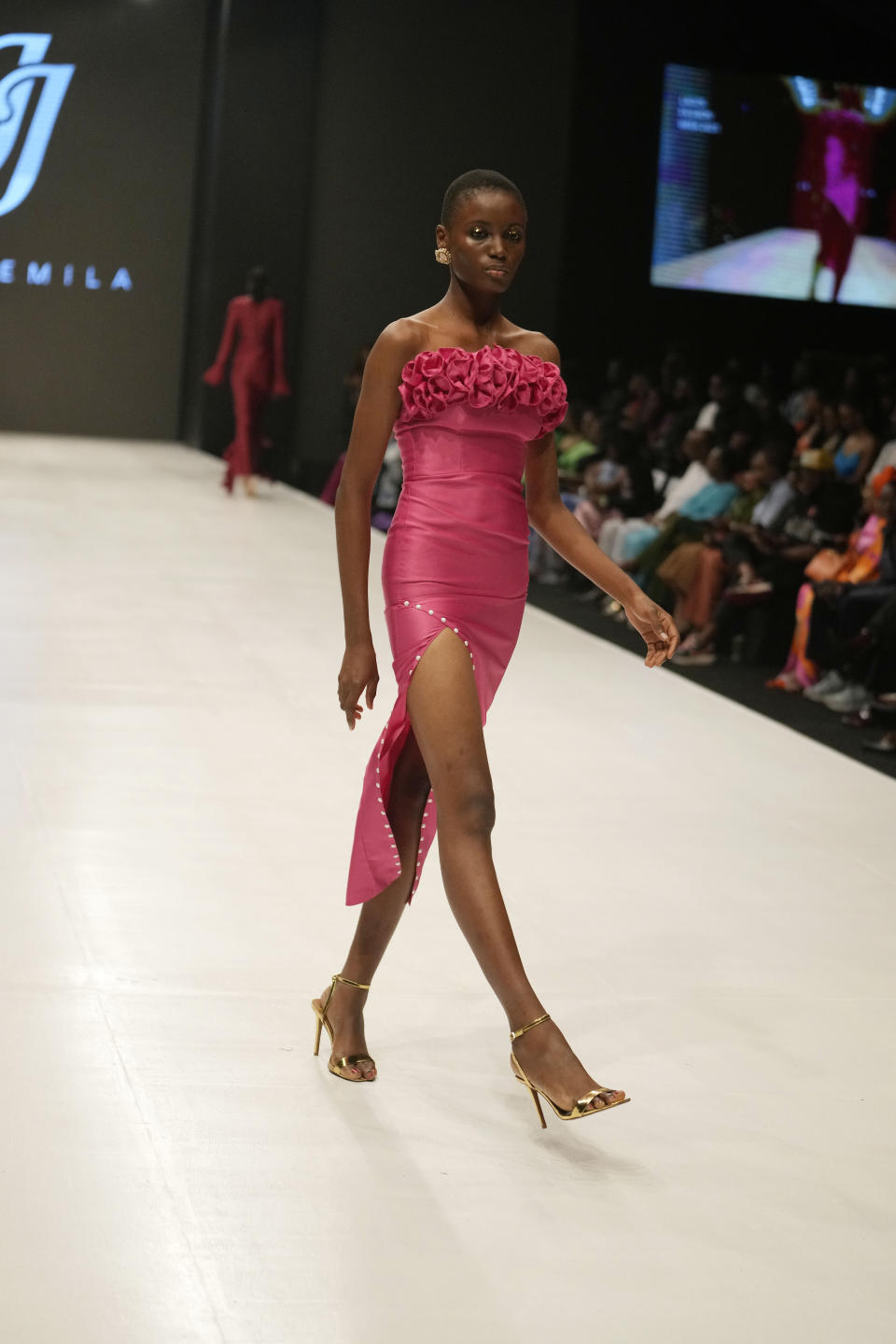 A model wears a creation by Jewel Jemila during the Lagos Fashion Week in Lagos, Nigeria, Thursday, Oct. 26, 2023. Africa's fashion industry is rapidly growing to meet local and international demands but a lack of adequate investment still limits its full potential, UNESCO said Thursday in its new report released at this year's Lagos Fashion Week show. (AP Photo/Sunday Alamba)