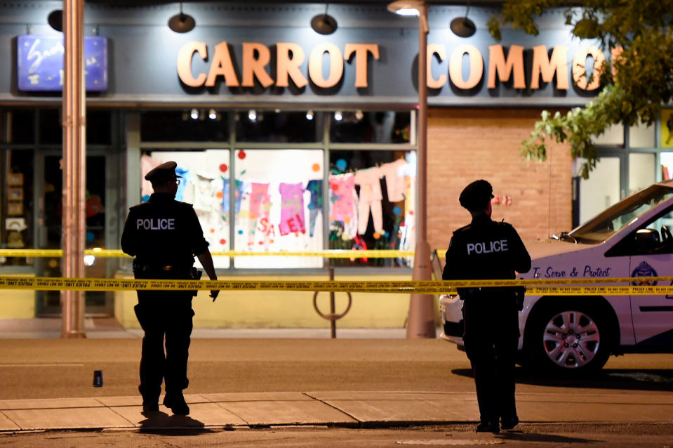 Toronto Police investigate the scene after a gunman opened fire on July 22, 2018, about 10pm (local time) injuring 14 people. Source: AAP