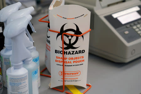 A Biohazard bag is pictured at the office of the Chief Medical Examiner of New York during an event in New York City, New York, U.S., September 6, 2018. REUTERS/Carlo Allegri