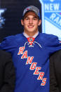 PITTSBURGH, PA - JUNE 22: Brady Skjei, 28th overall pick by the New York Rangers, poses on stage during Round One of the 2012 NHL Entry Draft at Consol Energy Center on June 22, 2012 in Pittsburgh, Pennsylvania. (Photo by Bruce Bennett/Getty Images)