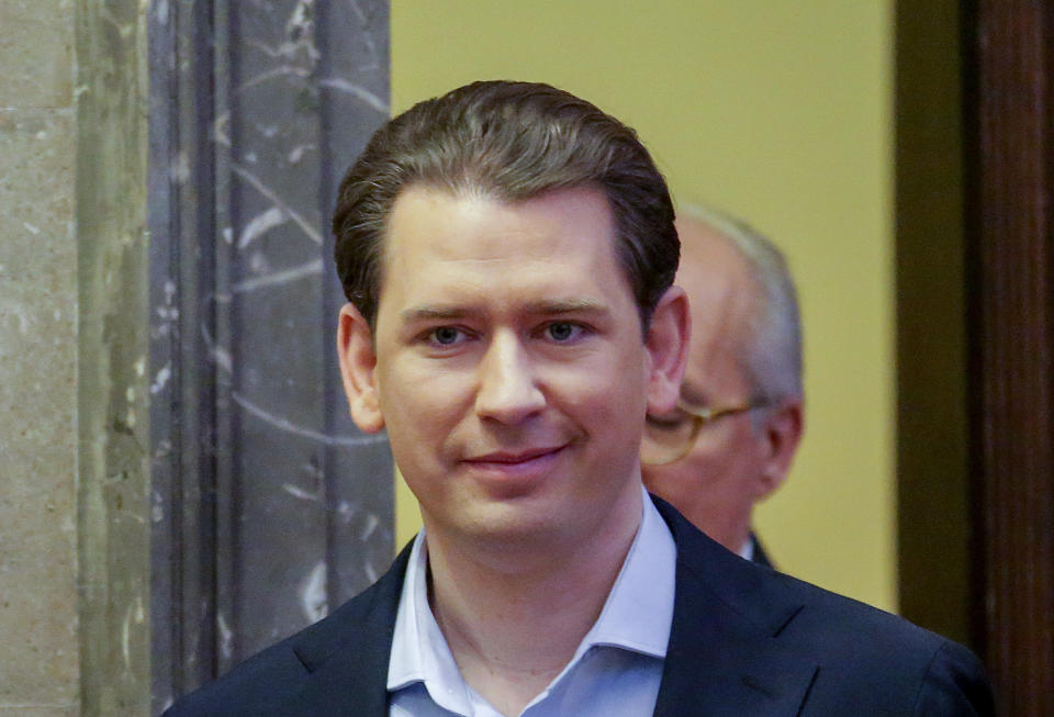 Former Austrian Chancellor Sebastian Kurz appears at court for the expected verdict of his trial in Vienna, Austria, Friday, Feb.23, 2024. Kurz is charged with having allegedly making false statements to a parliamentary inquiry into alleged corruption in his first government. (AP Photo/Heinz-Peter Bader)