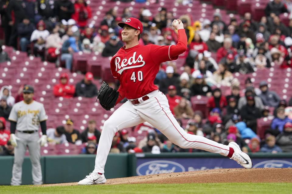 Cincinnati Reds starting pitcher Nick Lodolo delivers during the first inning of a baseball game against the Pittsburgh Pirates, Saturday, April 1, 2023, in Cincinnati. (AP Photo/Joshua A. Bickel)