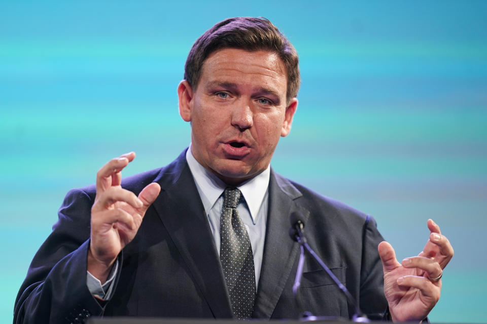 Florida Gov. Ron DeSantis speaks during the American Legislative Exchange Council Wednesday, July 28, 2021, in Salt Lake City. (AP Photo/Rick Bowmer)