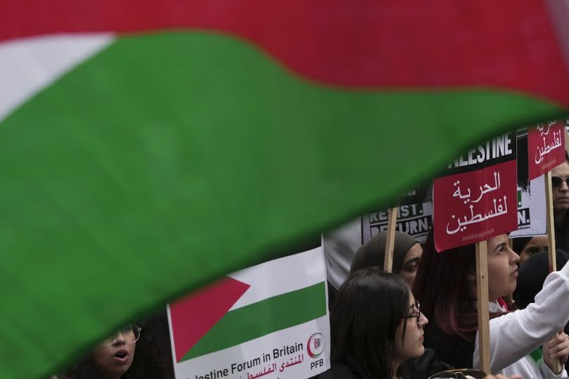 Protesters march during a pro Palestinian demonstration in London, October 2023