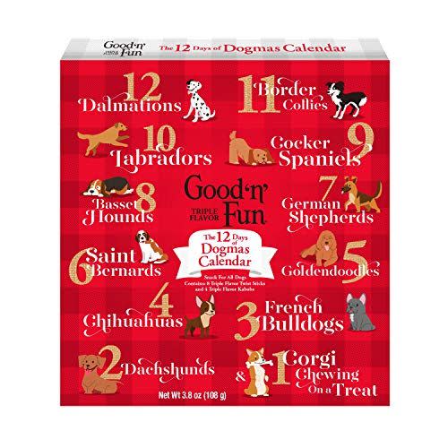 <p><strong>Good'n'Fun</strong></p><p>amazon.com</p><p><strong>$8.99</strong></p><p>Instead of lords a-leaping and ladies dancing, this advent calendar features a different <a href="https://www.womansday.com/life/pet-care/g29364425/tallest-dog-breeds/" rel="nofollow noopener" target="_blank" data-ylk="slk:popular dog breed" class="link ">popular dog breed</a> for each of the 12 days of Christmas. Inside, your pup will find a <strong>dozen protein-packed chews, a mix of twist sticks and kabobs made with real beef hide, pork hide, duck, chicken liver</strong> and more. Appropriate for all ages and types of dogs according to the brand, reviewers say they've given these treats to breeds ranging in size from chihuahuas to Saint Bernards. </p>