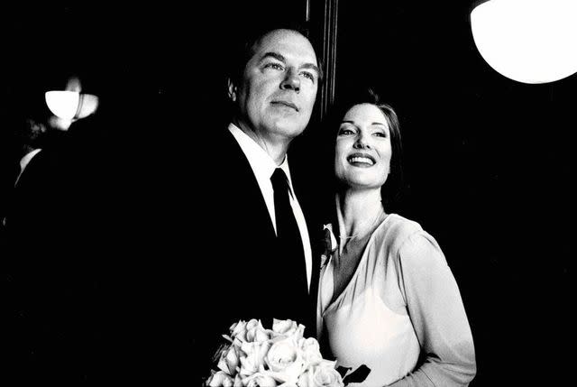 <p>Annette O'Toole Instagram</p> Annette O'Toole and Michael McKean on their wedding day in a photo taken by Jamie Lee Curtis