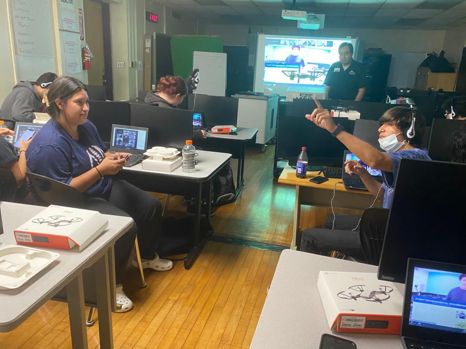 Miller High School junior Will Roerich points at a drone being flown by junior Isabella Estrella during Corpus Christi ISD's Tech2Learn on May 26, 2022, at Miller High School.